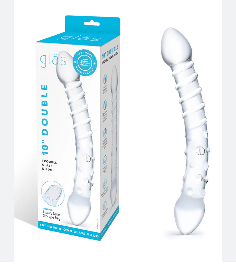 GLAS DOUBLE TROUBLE GLASS DILDO - CLEAR 10 inch